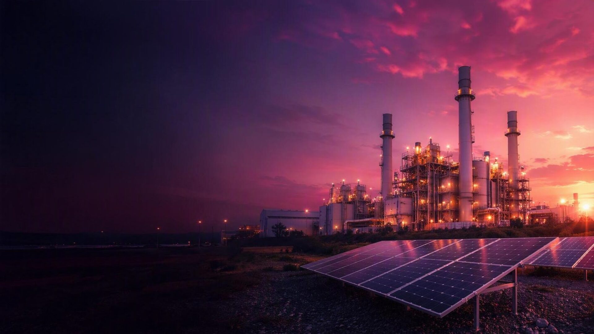 Impianto energetico industriale al tramonto con pannelli fotovoltaici in primo piano
