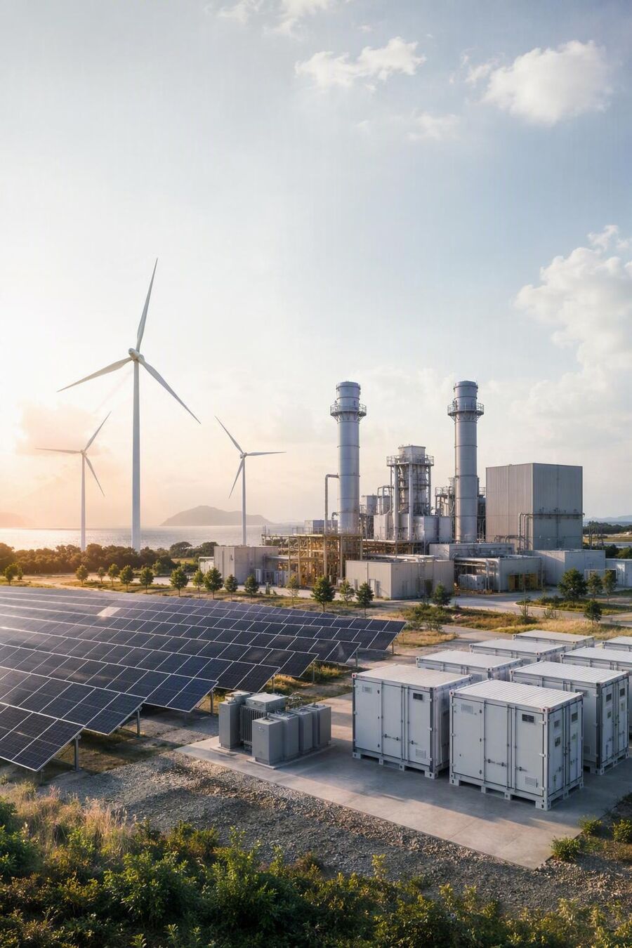 Impianto energetico con turbine eoliche, pannelli fotovoltaici e sistema di accumulo al tramonto