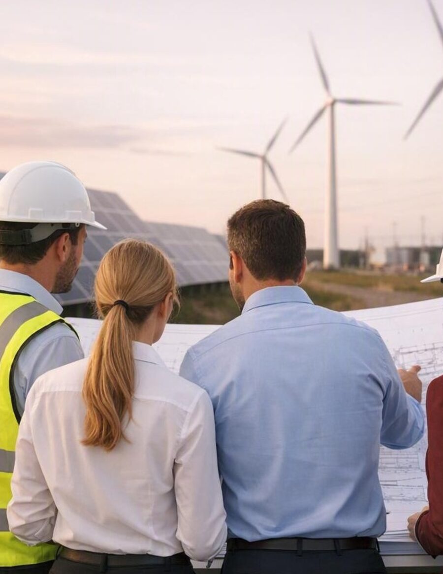 Team STC Group al lavoro in un impianto con turbine eoliche e pannelli fotovoltaici